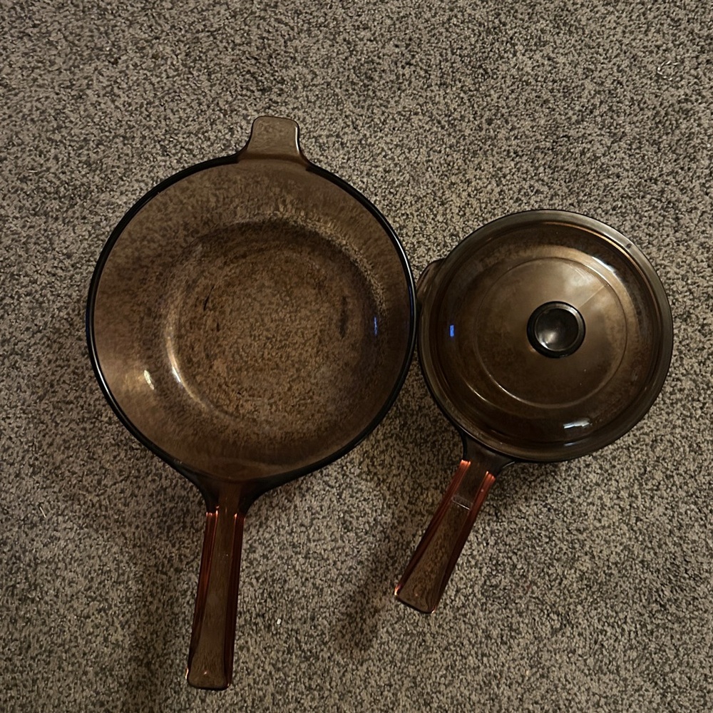 Vintage Pyrex Corning Vision Ware Brown Amber Cookware 2.5 L and 1L